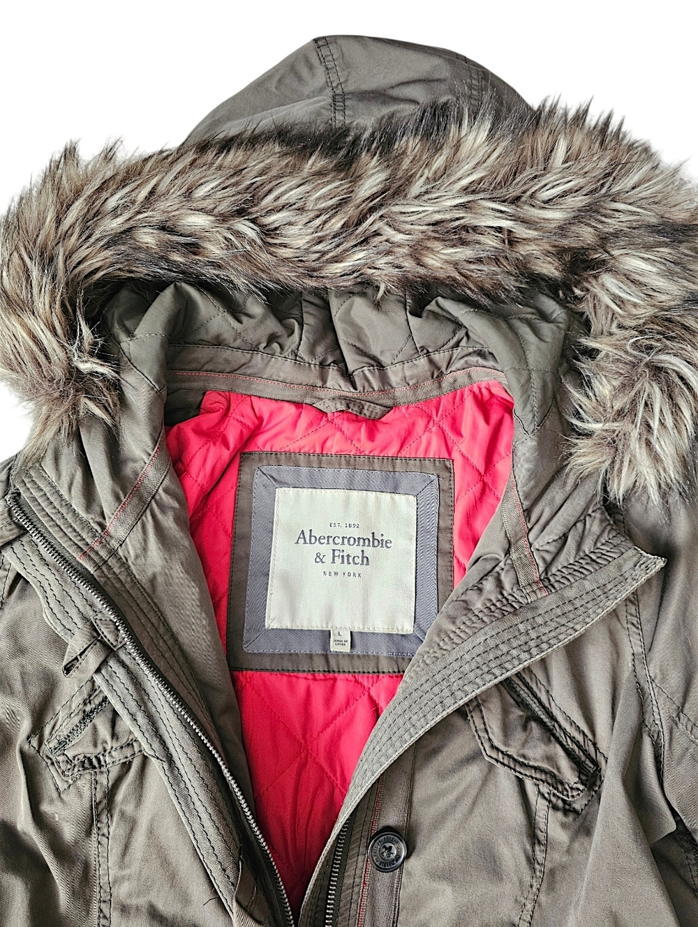 Abercrombie & Fitch Army Green Utility Jacket w/ Faux Fur Hood - Size L - Picture 8 of 14